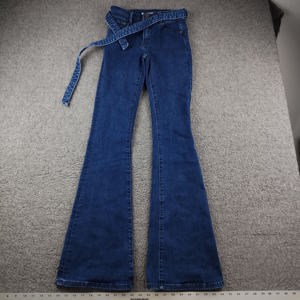Stetson Jeans Sz 2 Long High Rise Flare Dark Wash Denim Tie Belt Rodeo EUC